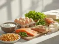 Składniki idealne na dietę wysokobiałkową: łosoś, kurczak, jajka, jogurt, ciecierzyca, fasolka, sałata i ser.