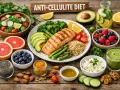 Zdrowe jedzenie na dieta na cellulit: łosoś, awokado, jagody, brokuły, szparagi, komosa ryżowa, cytrusy, zielony koktajl.