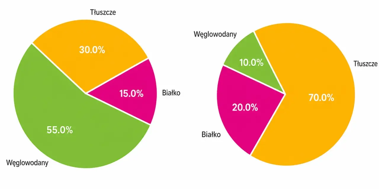 Wykresy porównujące dietę standardową i keto. Dieta keto, zdominowana przez tłuszcze (70%), może wywoływać ketoza skutki uboczne.