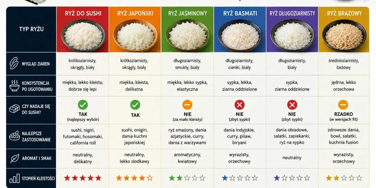 Porównanie ryżu: krótkoziarnisty idealny do sushi, długoziarnisty i basmati nie nadają się. Indeks glikemiczny ryżu ma znaczenie.