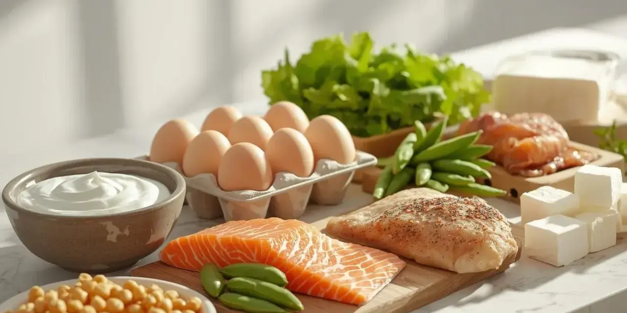 Składniki idealne na dietę wysokobiałkową: łosoś, kurczak, jajka, jogurt, ciecierzyca, fasolka, sałata i ser.