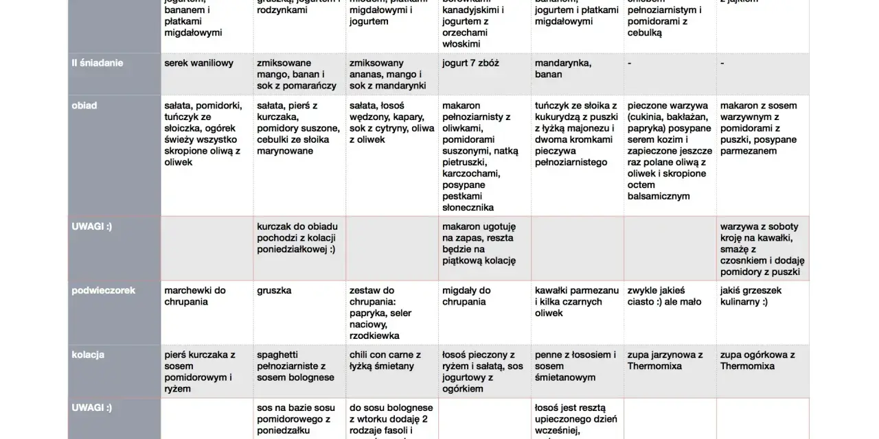 Przykładowe menu na cały tydzień: owsianka, makaron, sałatki, zupy i dania z rybą.