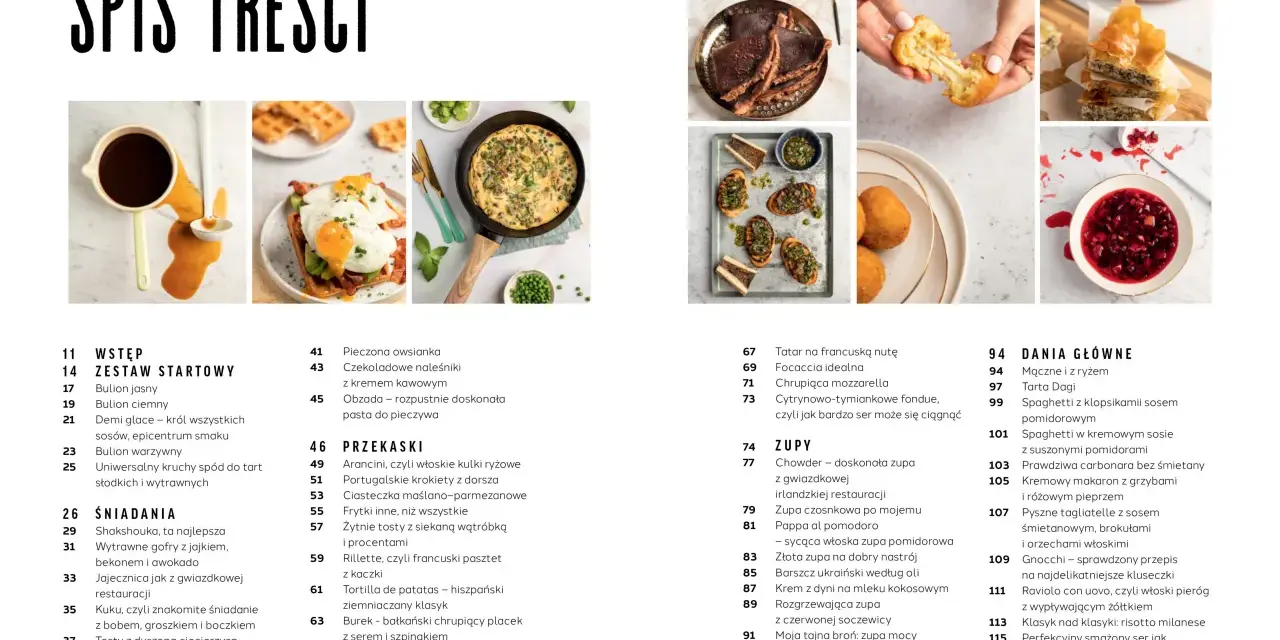 Spis treści z przepisami na comfort food: od śniadań po dania główne, zupy i przekąski.
