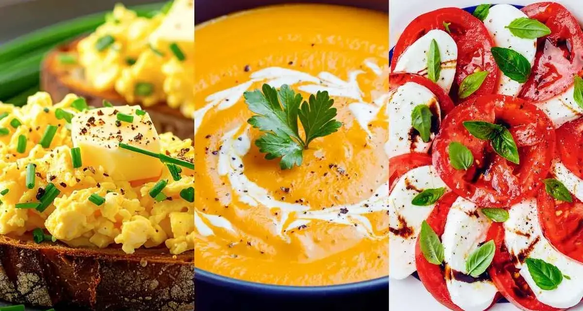 Jajecznica na grzance, kremowa zupa dyniowa i sałatka caprese – idealne przepisy na dieta na jelito drażliwe.