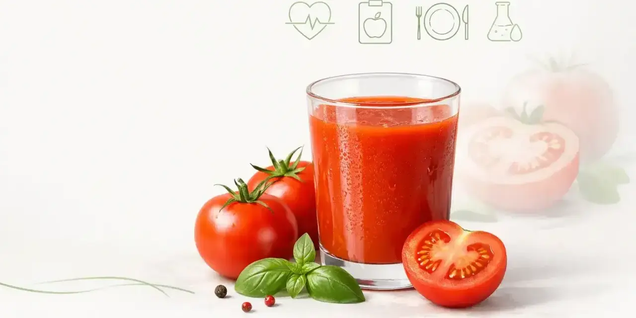 Szklanka soku pomidorowego z pomidorami i bazylią. Sok pomidorowy na co pomaga? Wspiera serce i odporność.