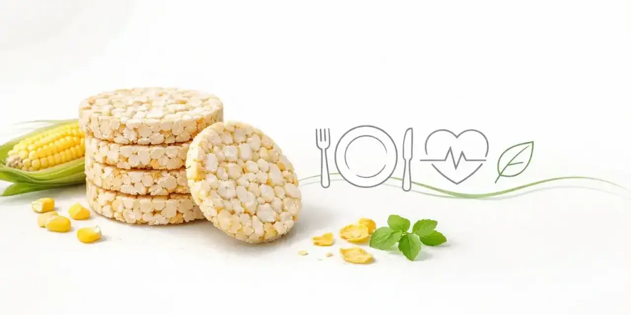 Stos wafli kukurydzianych obok kolby kukurydzy i symboli zdrowego odżywiania. Czy wafle kukurydziane są zdrowe? Tak, to lekka przekąska.