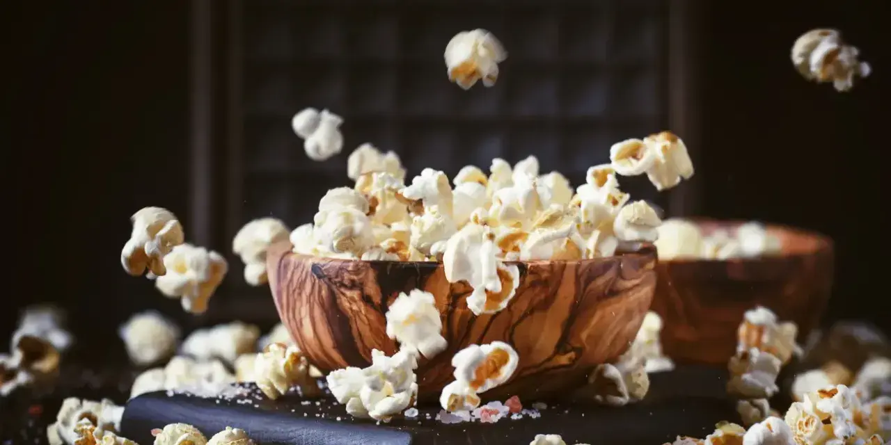 Chrupiący popcorn w drewnianej misce, unoszący się w powietrzu. Czy zastanawiałeś się nad jego indeksem glikemicznym?