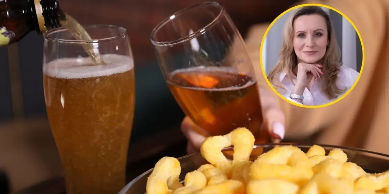 Piwo i chrupki – co wypłukuje magnez? Kobieta w okręgu patrzy na widza.