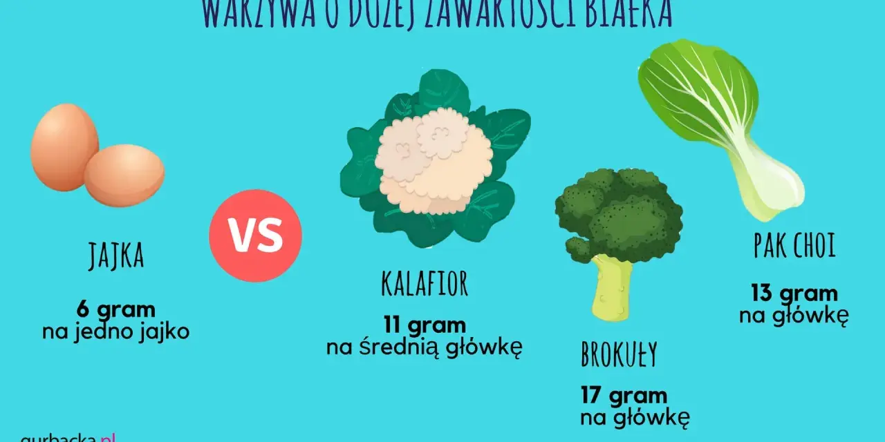 Tabela porównująca zawartość białka w jajkach i warzywach: brokuły, kalafior, pak choi. Produkty zawierające dużo białka to m.in. brokuły (17g/główkę).
