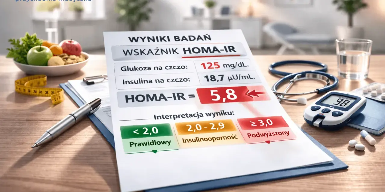 Wynik wskaźnika HOMA-IR 5,8 wskazuje na podwyższoną insulinooporność. Na stole leżą wyniki badań, glukometr, stetoskop i lekarstwa.