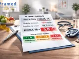 Wynik wskaźnika HOMA-IR 5,8 wskazuje na podwyższoną insulinooporność. Na stole leżą wyniki badań, glukometr, stetoskop i lekarstwa.