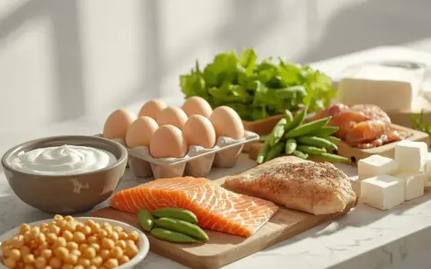 Składniki idealne na dietę wysokobiałkową: łosoś, kurczak, jajka, jogurt, ciecierzyca, fasolka, sałata i ser.