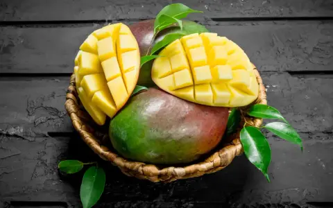 Koszyk z dojrzałymi mango, jedno przekrojone na pół, ukazujące soczysty miąższ. Czy zastanawiałeś się nad mango indeks glikemiczny?