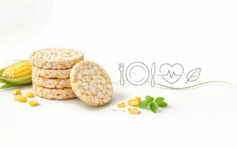 Stos wafli kukurydzianych obok kolby kukurydzy i symboli zdrowego odżywiania. Czy wafle kukurydziane są zdrowe? Tak, to lekka przekąska.