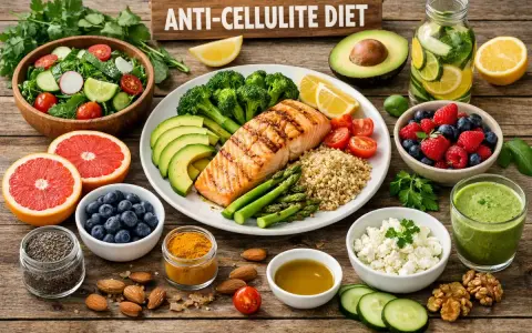 Zdrowe jedzenie na dieta na cellulit: łosoś, awokado, jagody, brokuły, szparagi, komosa ryżowa, cytrusy, zielony koktajl.