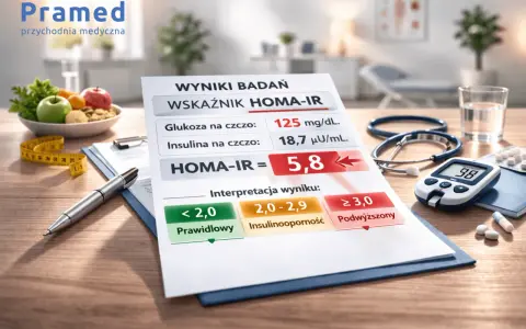 Wynik wskaźnika HOMA-IR 5,8 wskazuje na podwyższoną insulinooporność. Na stole leżą wyniki badań, glukometr, stetoskop i lekarstwa.
