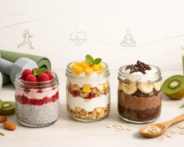 Trzy pyszne fit desery w słoiczkach: z malinami, mango i czekoladą. Idealne na zdrowy początek dnia lub po treningu.