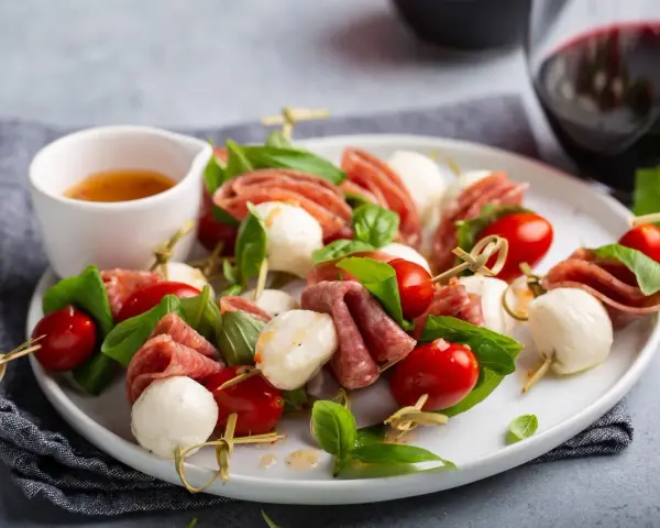 Pyszne keto przekąski na imprezę: szaszłyki z mozzarellą, pomidorkami i salami, ozdobione bazylią.