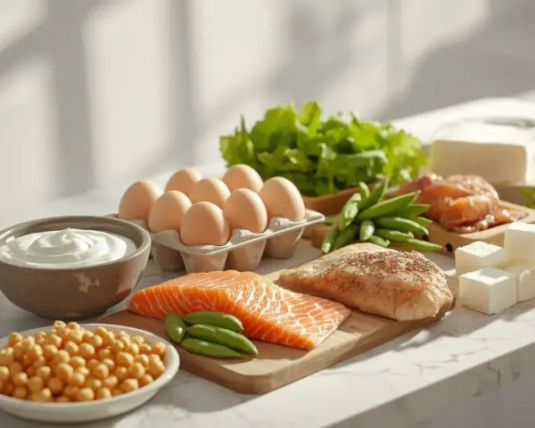 Składniki idealne na dietę wysokobiałkową: łosoś, kurczak, jajka, jogurt, ciecierzyca, fasolka, sałata i ser.