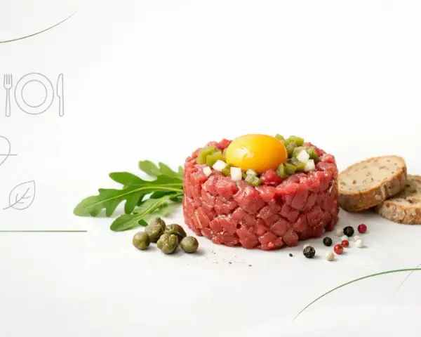 Tatar z surowej wołowiny z żółtkiem, kaparami i pieprzem. Czy tatar jest zdrowy? Zależy od dodatków i jakości mięsa.