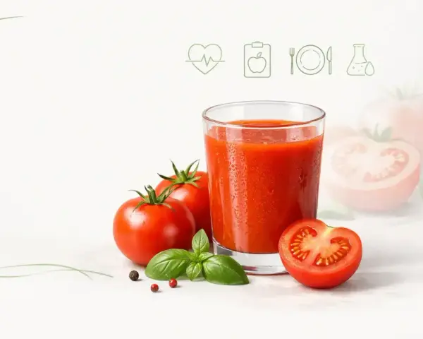 Szklanka soku pomidorowego z pomidorami i bazylią. Sok pomidorowy na co pomaga? Wspiera serce i odporność.