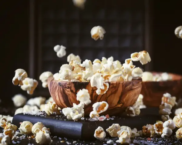 Chrupiący popcorn w drewnianej misce, unoszący się w powietrzu. Czy zastanawiałeś się nad jego indeksem glikemicznym?