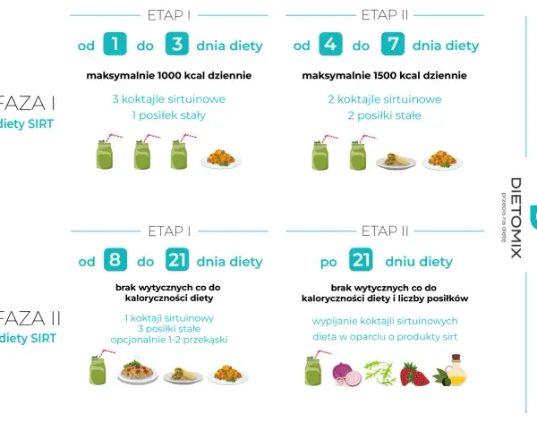 Dieta sirt przepisy: Faza I i II, etapy z koktajlami sirtuinowymi i posiłkami stałymi.