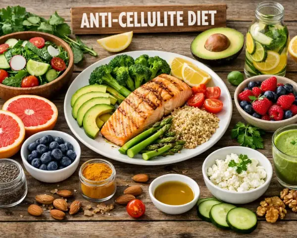Zdrowe jedzenie na dieta na cellulit: łosoś, awokado, jagody, brokuły, szparagi, komosa ryżowa, cytrusy, zielony koktajl.