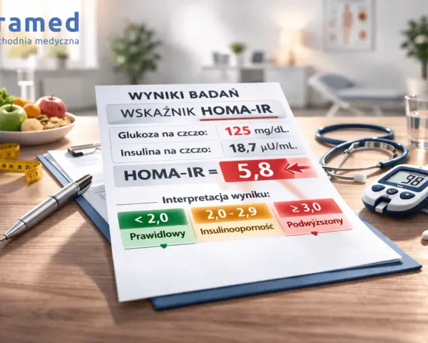 Wynik wskaźnika HOMA-IR 5,8 wskazuje na podwyższoną insulinooporność. Na stole leżą wyniki badań, glukometr, stetoskop i lekarstwa.