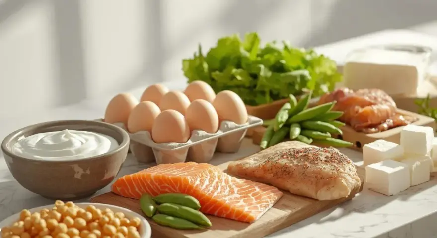 Składniki idealne na dietę wysokobiałkową: łosoś, kurczak, jajka, jogurt, ciecierzyca, fasolka, sałata i ser.