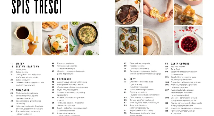 Spis treści z przepisami na comfort food: od śniadań po dania główne, zupy i przekąski.