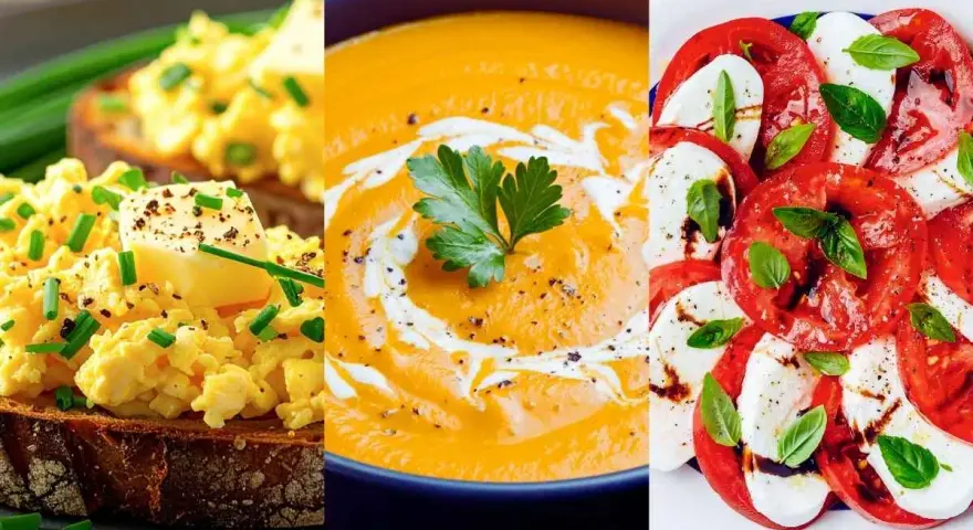 Jajecznica na grzance, kremowa zupa dyniowa i sałatka caprese – idealne przepisy na dieta na jelito drażliwe.