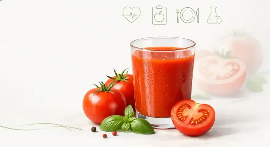 Szklanka soku pomidorowego z pomidorami i bazylią. Sok pomidorowy na co pomaga? Wspiera serce i odporność.