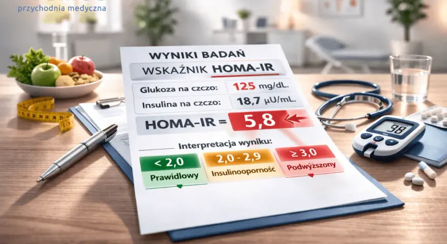Wynik wskaźnika HOMA-IR 5,8 wskazuje na podwyższoną insulinooporność. Na stole leżą wyniki badań, glukometr, stetoskop i lekarstwa.