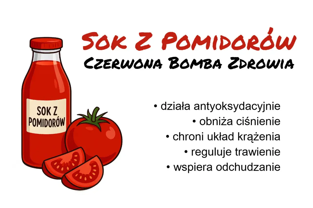 Sok pomidorowy, czerwona bomba zdrowia, działa antyoksydacyjnie, obniża ciśnienie, chroni krążenie, reguluje trawienie i wspiera odchudzanie.