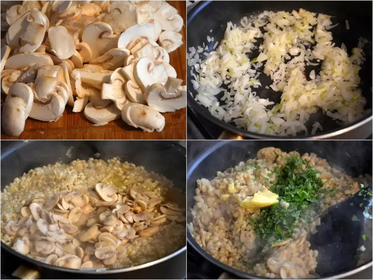 Kaszotto z pieczarkami w trakcie przygotowania: podsmażona cebulka, dodane pieczarki i kasza, na koniec masło i natka pietruszki.