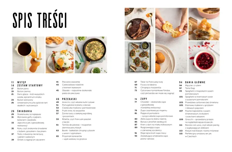 Spis treści z przepisami na comfort food: od śniadań po dania główne, zupy i przekąski.