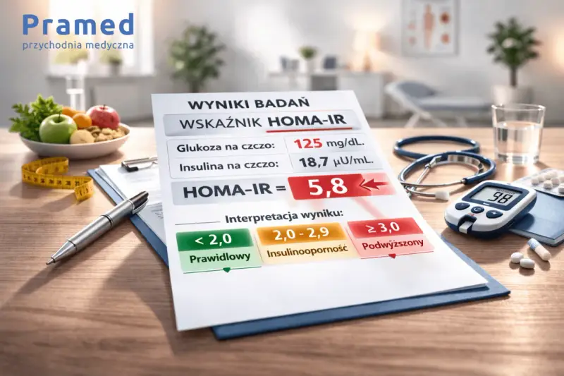 Wynik wskaźnika HOMA-IR 5,8 wskazuje na podwyższoną insulinooporność. Na stole leżą wyniki badań, glukometr, stetoskop i lekarstwa.